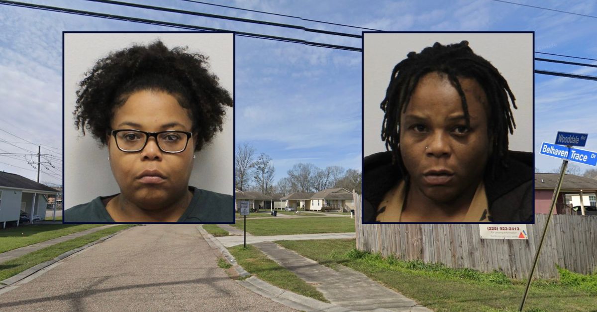 Inset, left to right: Alicia Bureau and Chereia McKinley (East Baton Rouge Sheriff's Office). Background: The area in Louisiana where Bureau and McKinley allegedly neglected their mother (Google Maps).