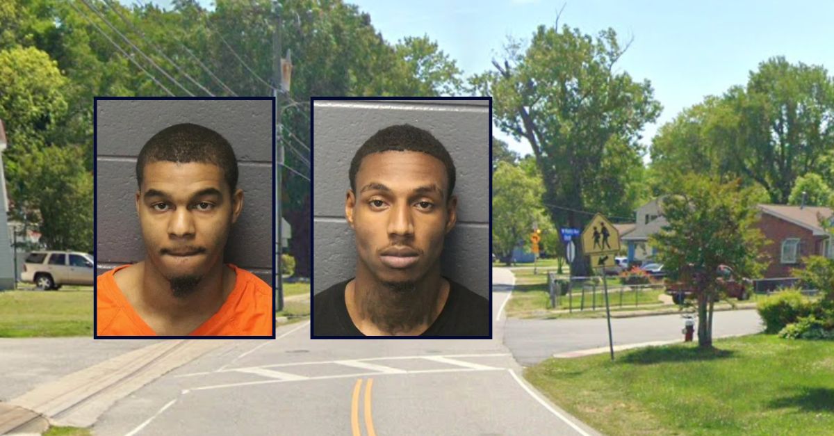 Re'Al Butler and J.C. Butler, appear inset from left to right in booking photos, against an image of a residential area near a school in Virginia.