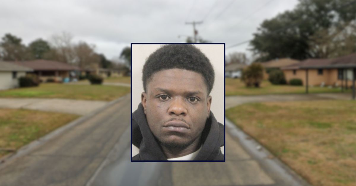 Landrick Ruffin appears in a booking photo inset against an image of a street in Louisiana.