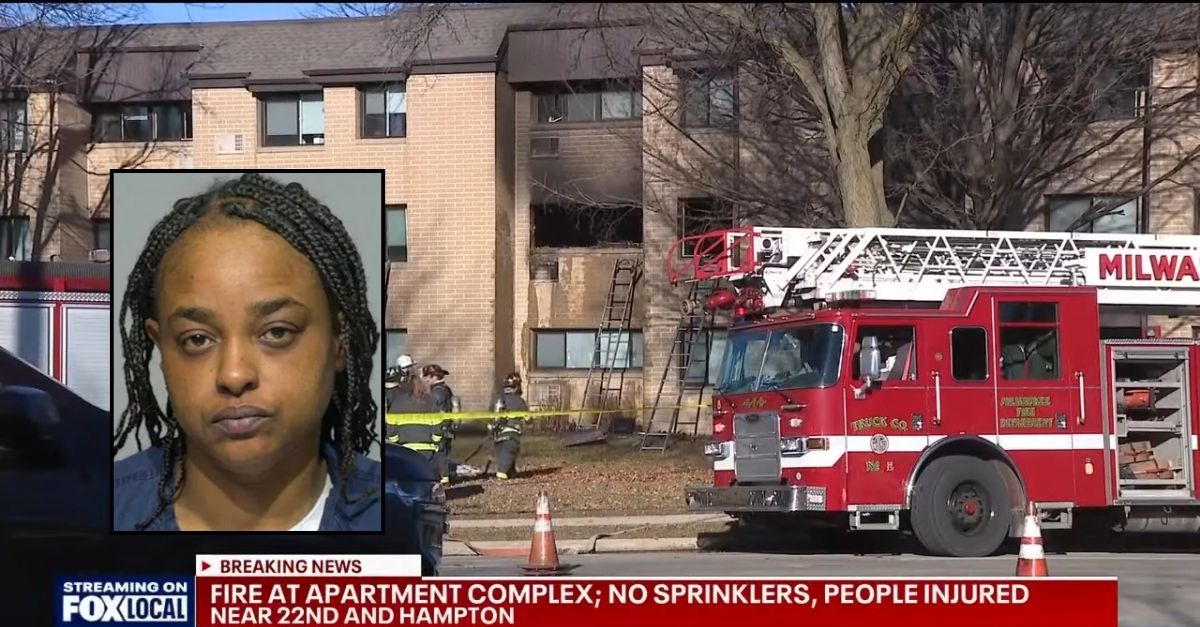 Inset: Laquita Spears (Milwaukee County Sheriff's Office). Background: Milwaukee firefighters responding to the blaze that Laquita Spears allegedly sparked during a fight with her dad over being kicked out of his apartment (WITI/YouTube).