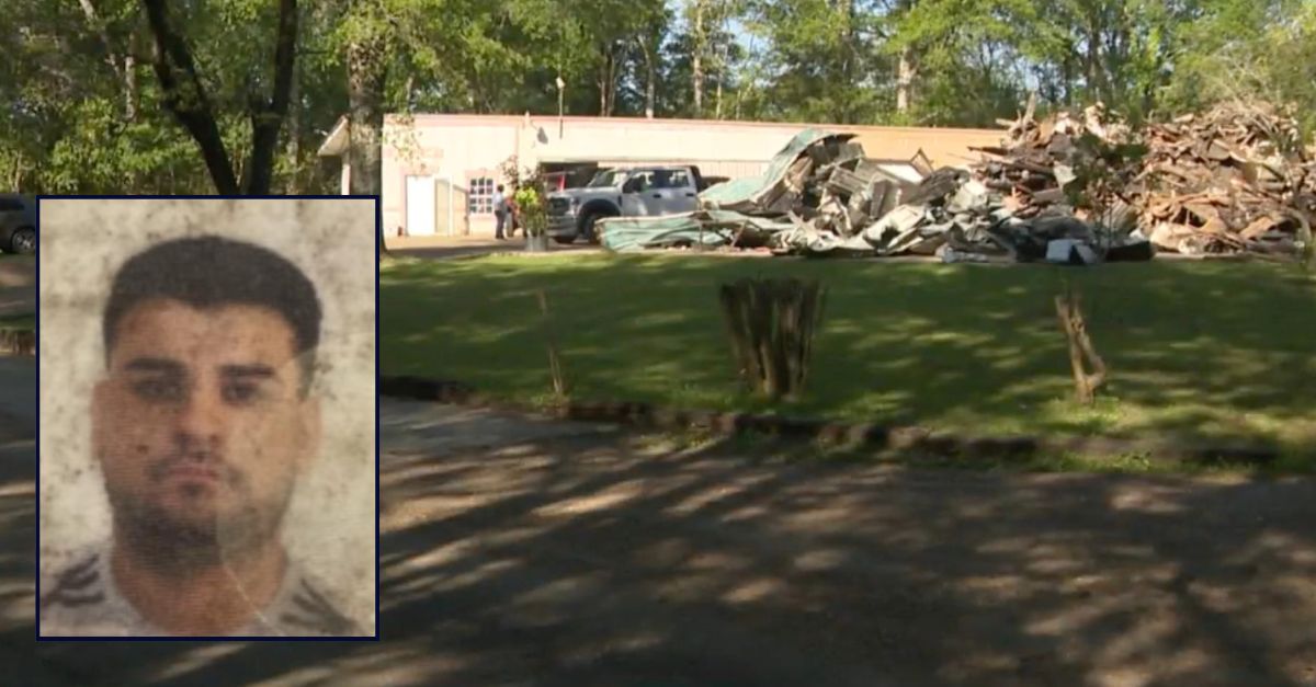 Inset: Marcos Uriel Lara Perez (Byram Police Department). The Mississippi home Perez burned down, killing two of his roommates (WAPT).