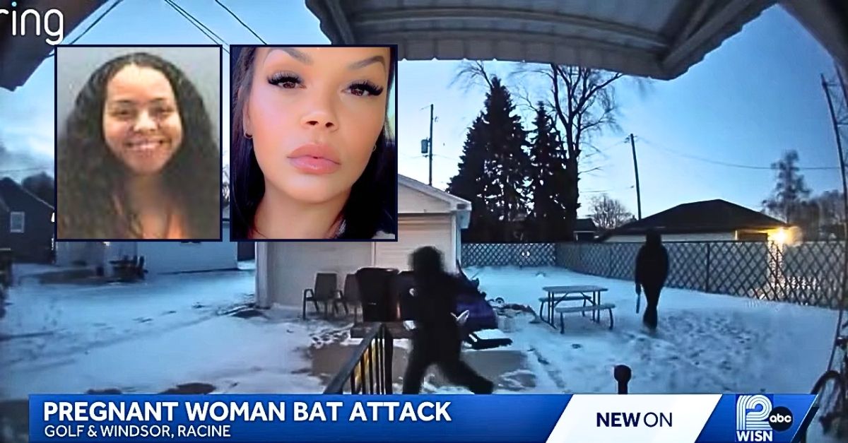 Left inset: Marielle Barrios (Hempstead County Sheriff's Office). Right inset: Gheonna Lacy (GoFundMe). Background: Ring camera footage shows the moments right before Gheonna Lacy was allegedly attacked with a metal baseball bat by a man and a woman who had been stalking her over a relationship dispute (WISN/YouTube).