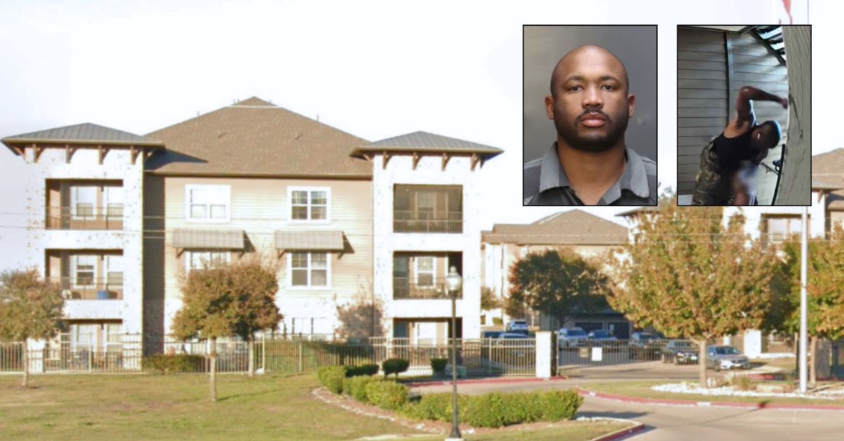 Background: The Legend Apartments in Waco, Texas (Google Maps). Inset left: Paul Thames (McClennan County Sheriff's Office/KWTX). Inset right: Ring footage of Thames appearing to assault a child (Waco Police Dept./KWTX) .