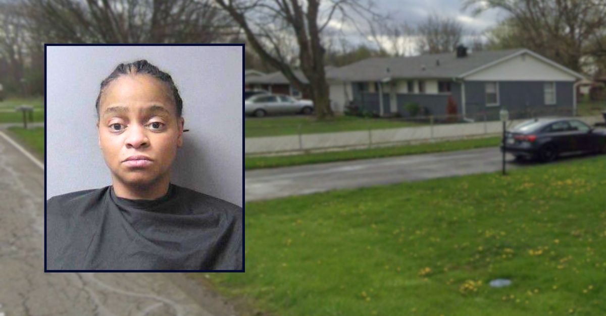 Inset: Tia Holmes (Madison County Jail). Background: The house where Holmes allegedly shot and killed her own daughter in Anderson, Ind. (Google Maps).