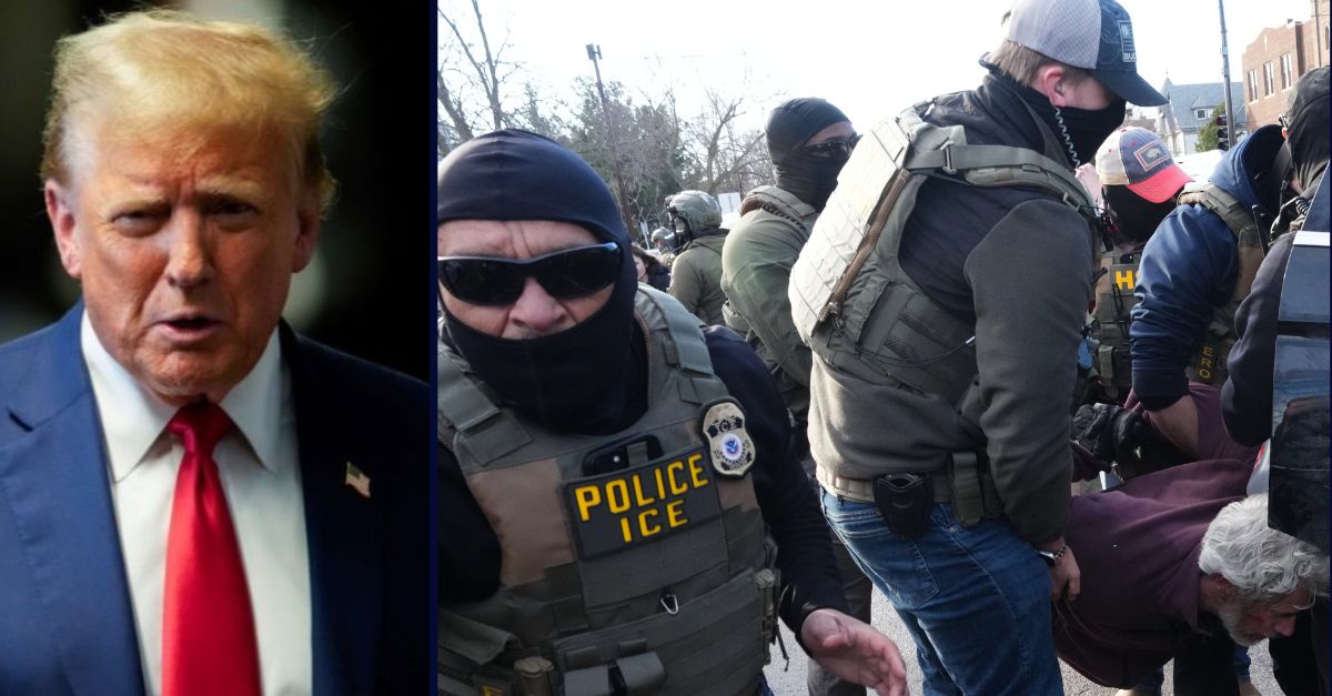 Donald Trump, on the left; several masked ICE agents, on the right.
