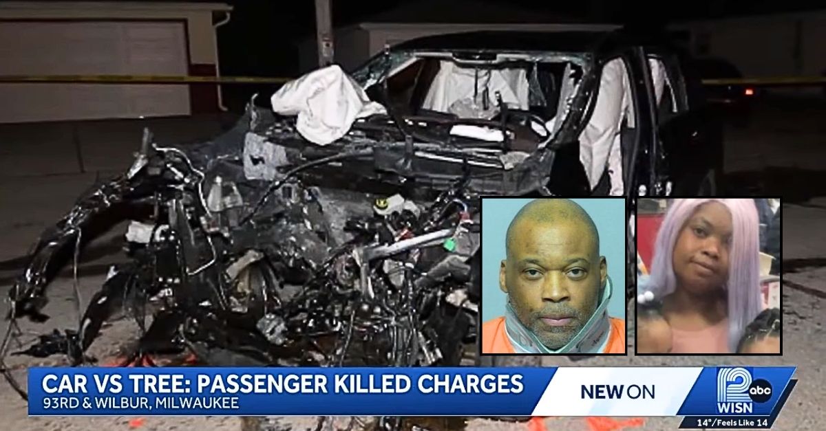 Left inset: William Lee (Milwaukee County Sheriff's Office). Right inset: Elaine Corbitt (GoFundMe). Background: The car that William Lee obliterated in Milwaukee, Wis., while riding with slain mother of five Elaine Corbitt (WISN/YouTube).