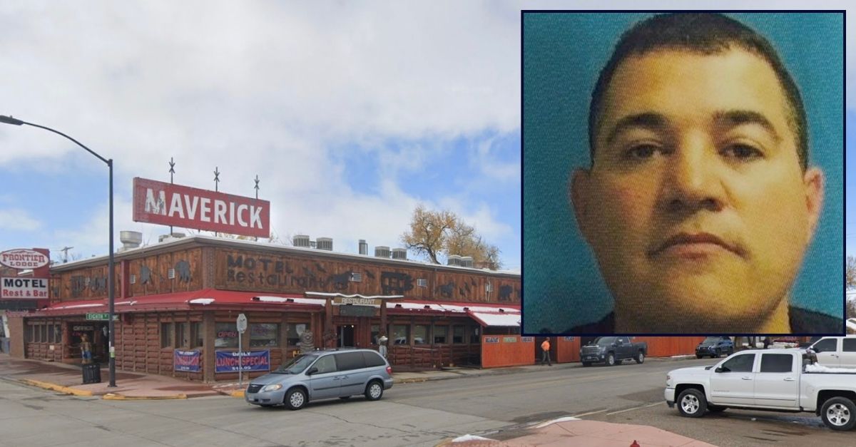 Inset: Richard "Deak" Dollard (Lander Police Dept.). Background: The Wyoming bar where Dollard allegedly killed a man last week (Google Maps).