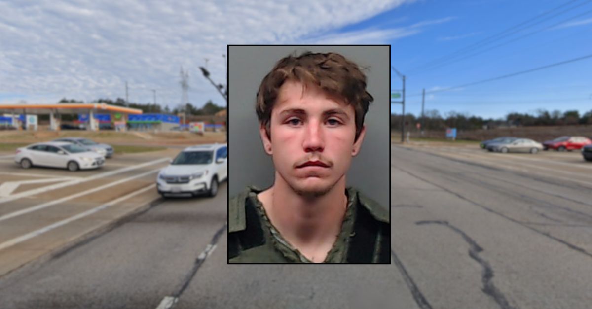 Inset: Dayton Alexander Morgan (Smith County (Tex.) District Clerk). Background: The intersection where Dayton Alexander Morgan allegedly murdered Trevor Julian during a road rage incident (Google Maps). 