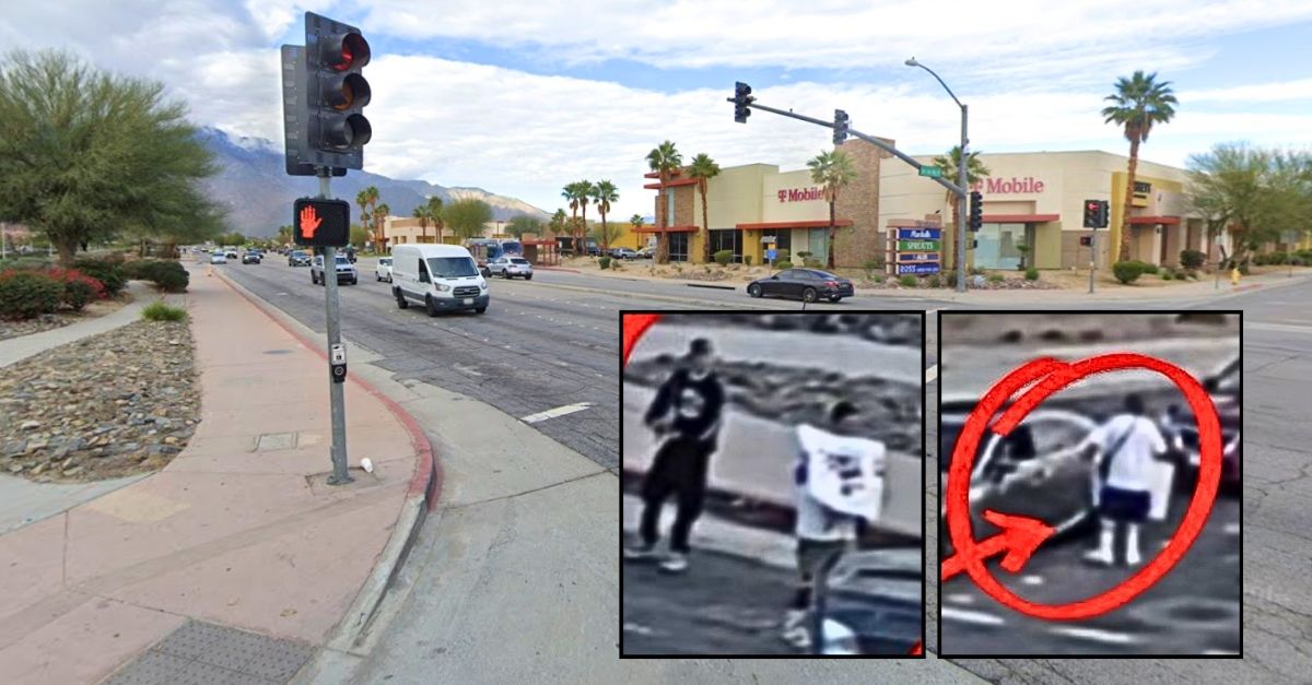 Insets: A group in Palm Springs, Calif., are seen asking motorists for donations to help with funeral expenses for a "deceased" child who is still alive, according to cops (Palm Springs Police Department). Background: The intersection at Ramon Road and San Luis Rey Drive in Palm Springs where police say "scammers" were taking advantage of "good-hearted" drivers with a dead child scheme (Google Maps). 