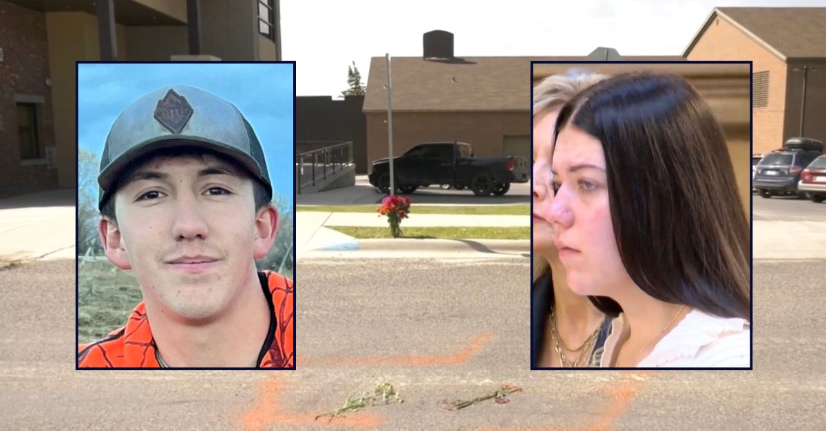 Inset, left to right: Austin Nieves (Wayrynen-Richards Funeral Home) and Shania O'Brien in court on Tuesday (KXLF). Background: The area in Montana where O'Brien killed Nieves in a hit-and-run (KXLF).