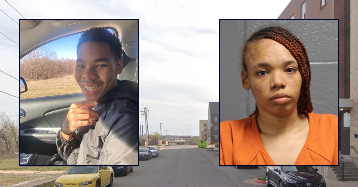 Inset, left to right: Emmitt Gresham (GoFundMe) and Anisha D. Washington (Oklahoma County Detention Center). Background: The area in OKC where Gresham was killed last month (Google Maps).