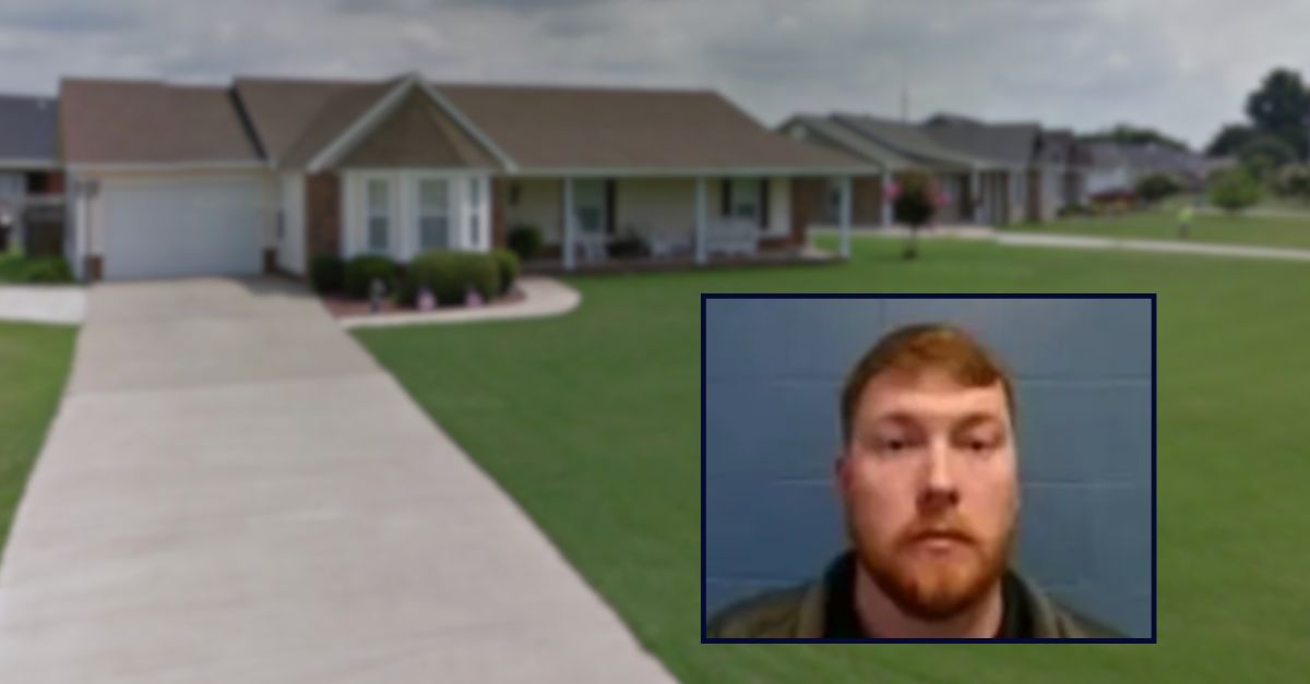 James Dawson appears in a booking photo inset against an image of a house in Arkansas.