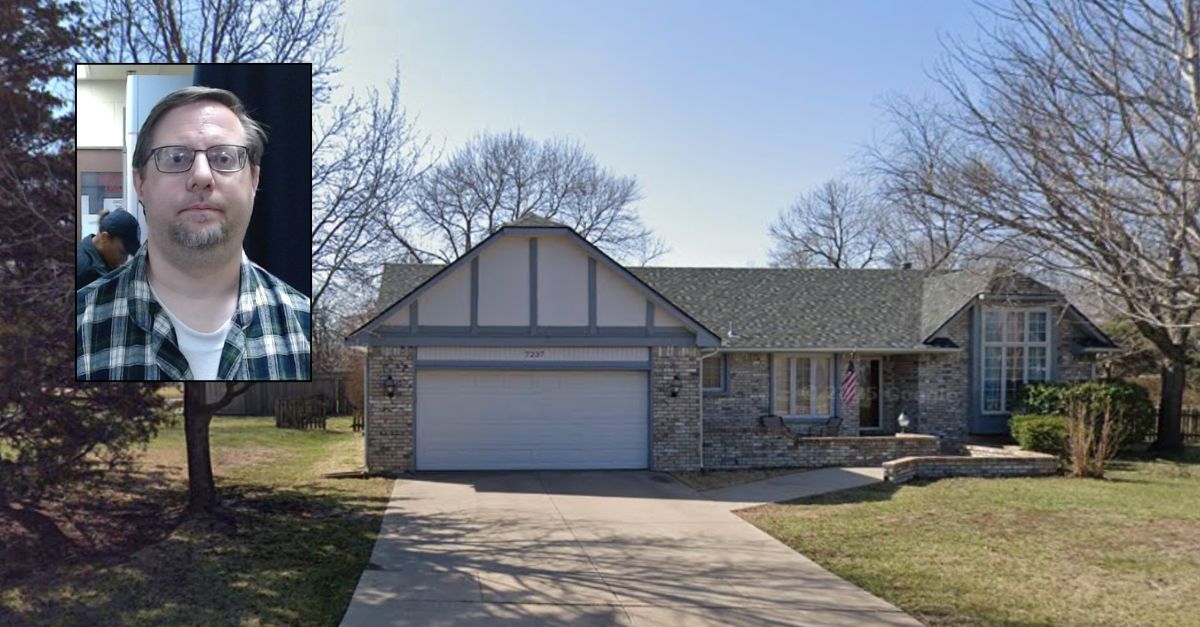 Background: The home in Wichita, Kansas, where Eastburn allegedly beat a woman with a hammer (Google Maps). Inset: Jason Eastburn (Sedgwick County Jail). 