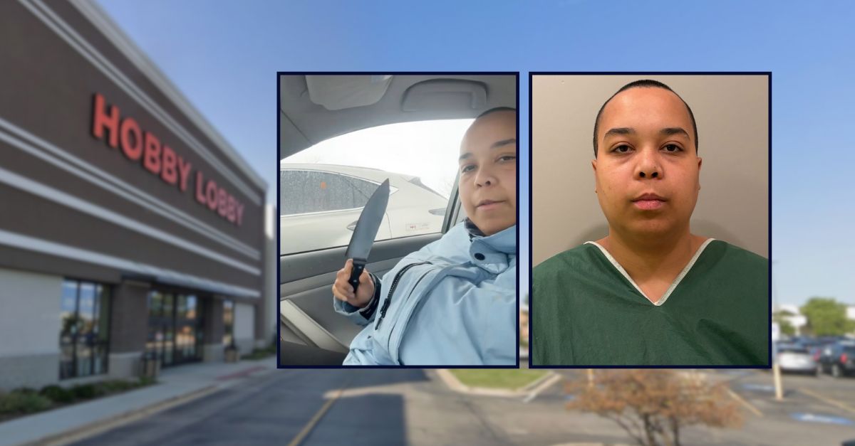Katelyn Harmon appears in two images – brandishing a knife on the left image – inset against an image of a Hobby Lobby in Illinois.