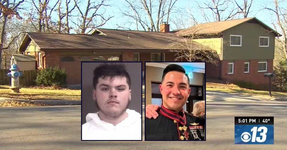 Left inset: Kobe Aust (Boone County Sheriff's Office). Right inset: Ryan Burke (Facebook). Background: Michael Ryan Burke's home in Missouri where he was shot and killed during an alleged Facebook Marketplace "ruse" to steal his iPhone (KRCG).