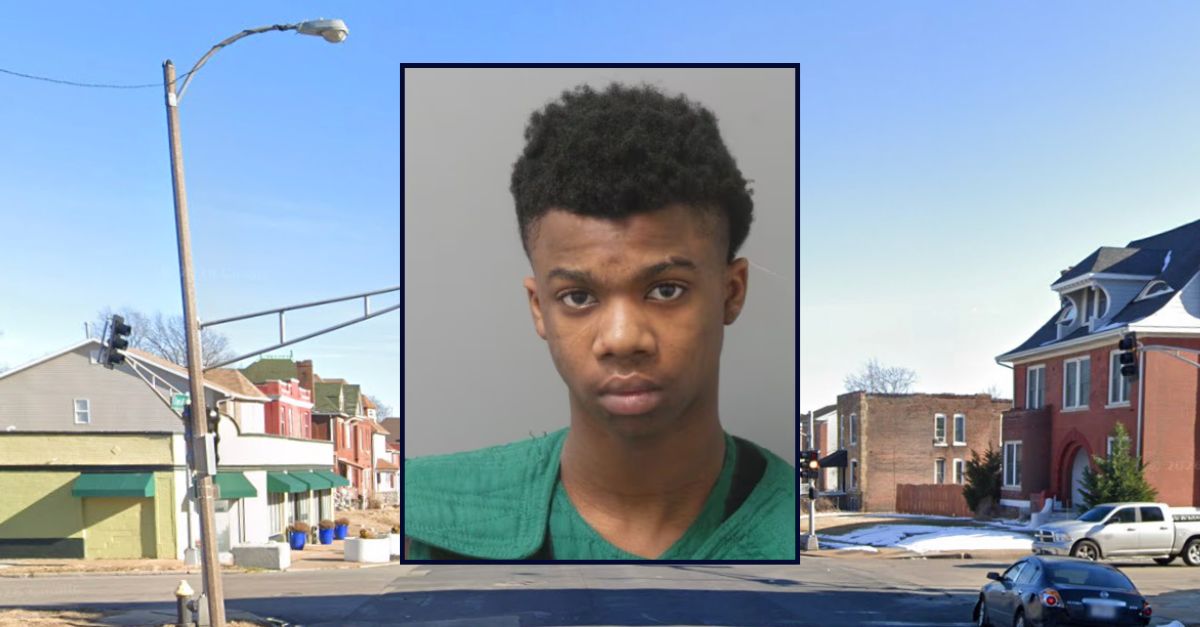 Marshawn Stepney appears in a booking photo inset against an image of an intersection in Missouri.