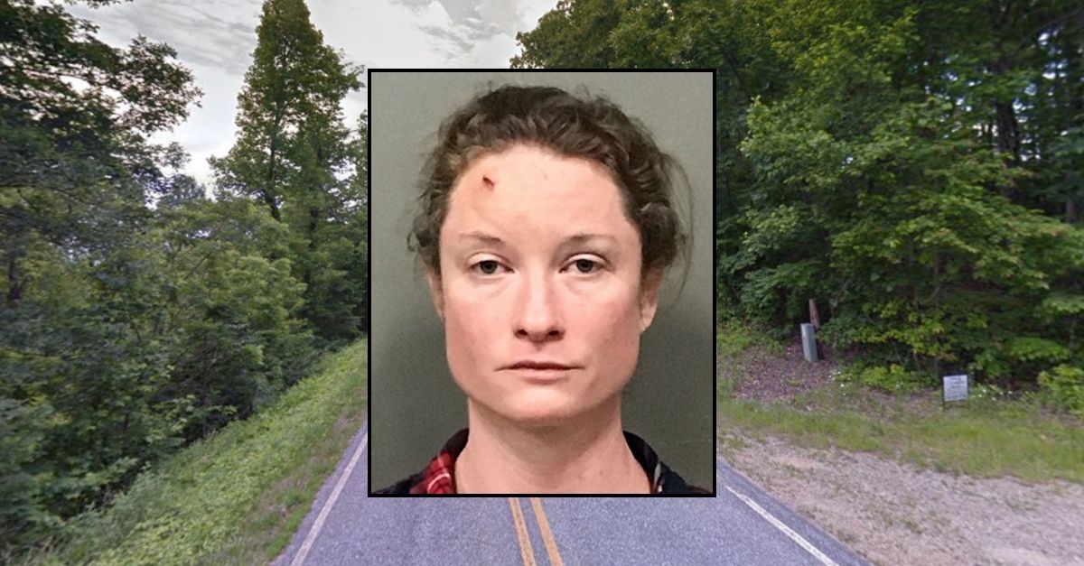 Inset: Megan Thomas (Wilkes County Sheriff's Office). Background: The area in North Carolina where Megan Thomas lives in Moravian Falls, where she allegedly shot and killed her boyfriend (Google Maps).