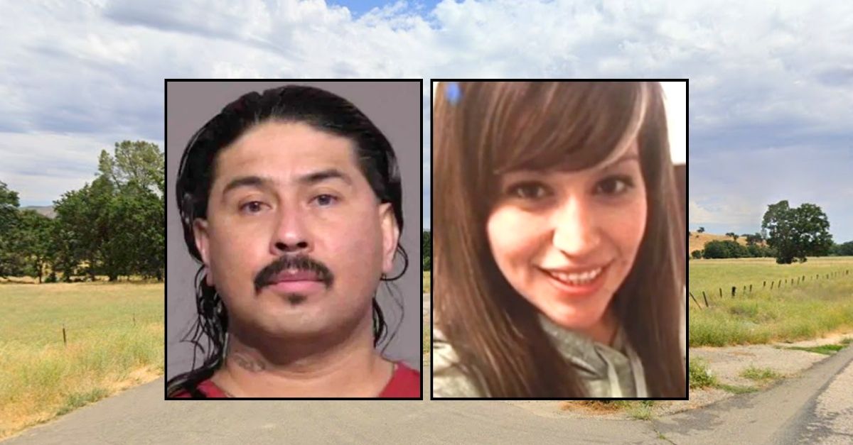 Left inset: Noel Ledesma (Monterey County Sheriff's Office). Right inset: Yvette Martinez (KION/YouTube). Background: The area in California where Yvette Martinez's body was found in the trunk of a burning car after she was murdered by her ex-boyfriend Noel Ledesma (Google Maps).