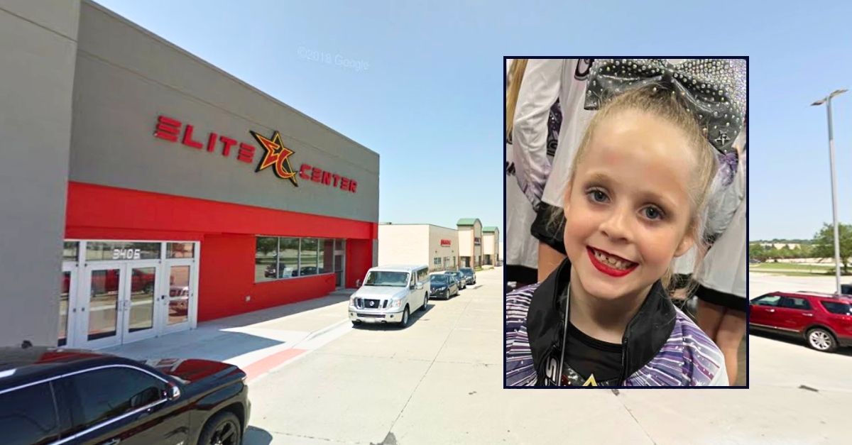 Inset: Reese Bryan (GoFundMe). Background: The Nebraska cheerleading facility being sued by Reese Bryan