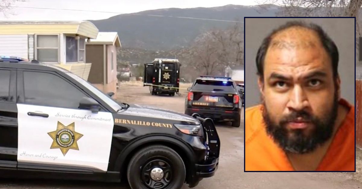 Inset: Luis Sanchez (Bernalillo County Metropolitan Detention Center). Background: Authorities responding to the home where Sanchez allegedly shot his wife and 2 kids (KOB).