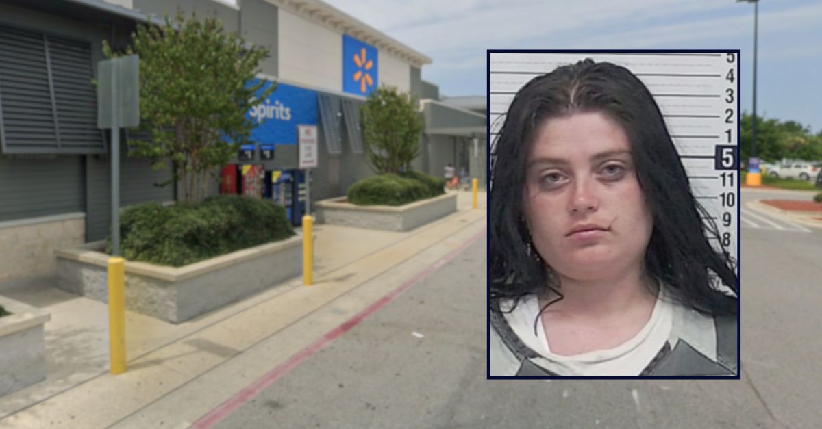 Allie Barrentine appears in a booking photo inset against an image of a Walmart in Florida.
