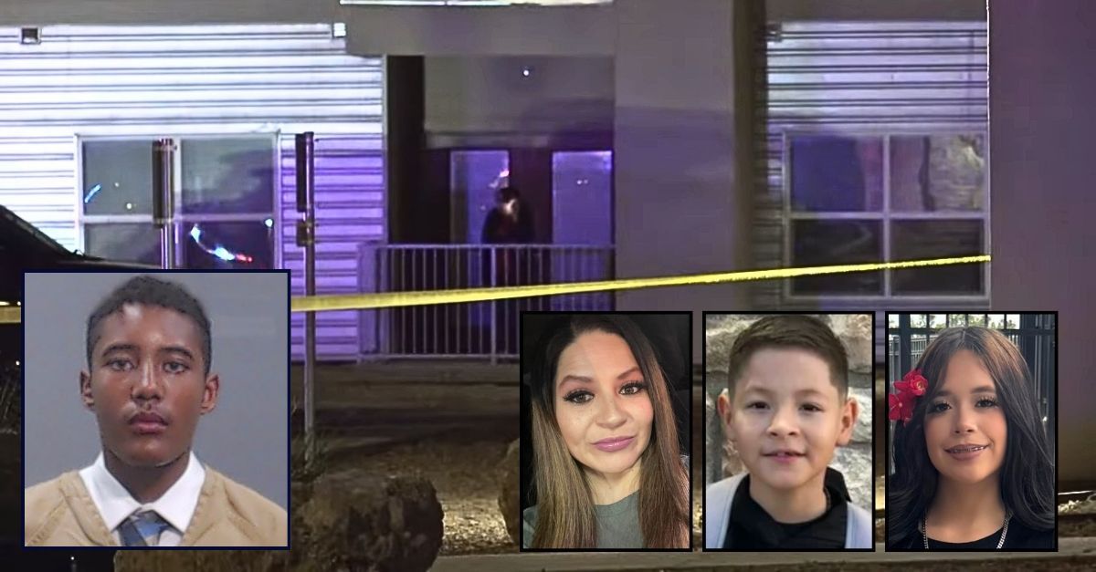 Insets, left to right: Damien G. Valdez (Ector County Sherrif's Office), Jessica Rodriguez, her 9-year-old son and 13-year-old daughter (GoFundMe). Background: The area near 8740 Hunter Miller Way in Odessa, Texas, where a 15-year-old allegedly murdered his ex-girlfriend's mom, 9-year-old brother and 13-year-old sister (KIII/YouTube).