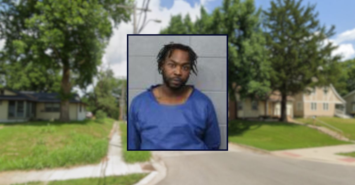 Demario McGee appears in a booking photo inset against an image of a residential street in Missouri.