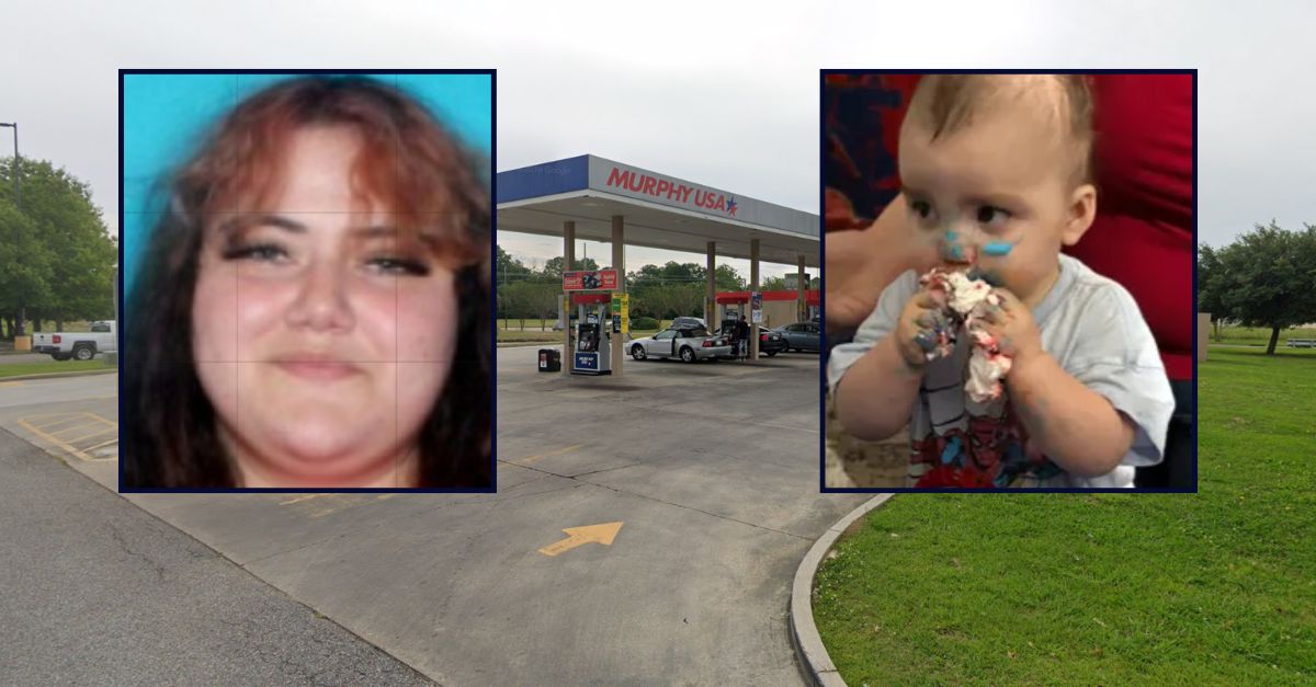 Left to right: Elizabeth Aguilar and Nicholas Aguilar inset against an image of a gas station in Louisiana.
