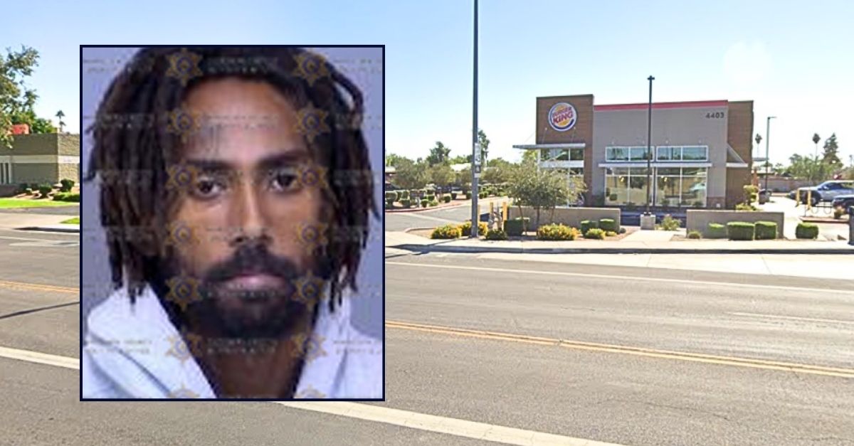 Inset: Joseph Sellers (Maricopa County Sheriff's Office). Background: The area in Mesa, Ariz., where Joseph Sellers allegedly stabbed a woman 19 times with a boxcutter and "brutally" beat her following a minor car crash that they got into (Google Maps).