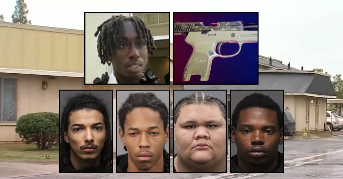 Insets, clockwise from top: Karim Williams, the "Louis Vuitton" gun he was allegedly killed for, Jaylon Black, Kwame Pree, Jaymari Sconiers and Josiah Rogers (Fresno Police Department). Background: The secret kill location that Karim Williams was lured to under the pretense of attending a party (KFSN/YouTube).