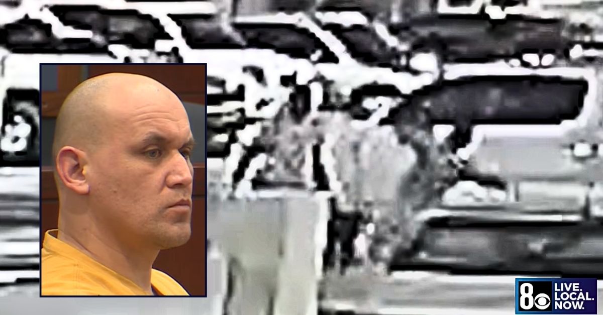 Inset: Manuel Ortiz. Background: Video played in court that allegedly shows Manuel Ortiz unleashing a sucker punch on a man he saw acting "lovey dovey" with their boyfriend (KLAS/YouTube).