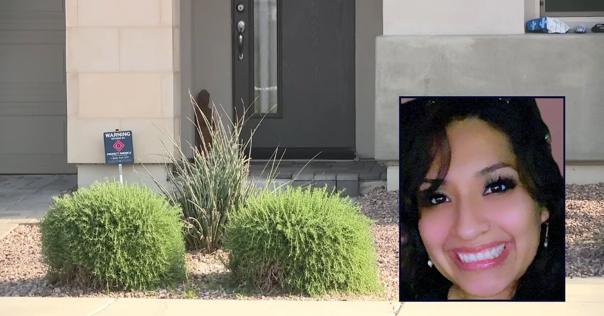 Inset: Maria Lewis (GoFundMe). Background: The Arizona home where Maria Lewis was allegedly found shot to death on the doorstep (KPNX/YouTube).