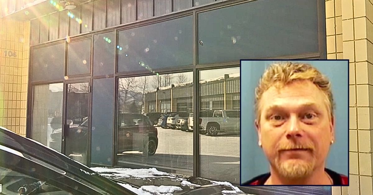 Inset: Matthew Becker (Anchorage Police Department). Background: The Alaska business where Matthew Becker opened fire on his ex-wife with a pistol (AZFamily).