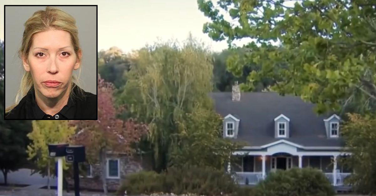 Inset: Shannon O'Connor (Santa Clara DA's Office). Background: The Los Gatos mansion where she threw alcohol-fueled parties for teens (KNTV).