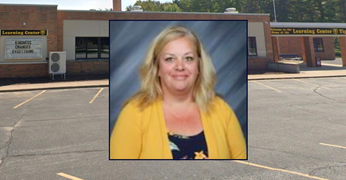 Inset: Robin Popour (Delta Schoolcraft Intermediate School District). Background: The Learning Center in Michigan, where Popour worked as a teacher aide (Google Maps).