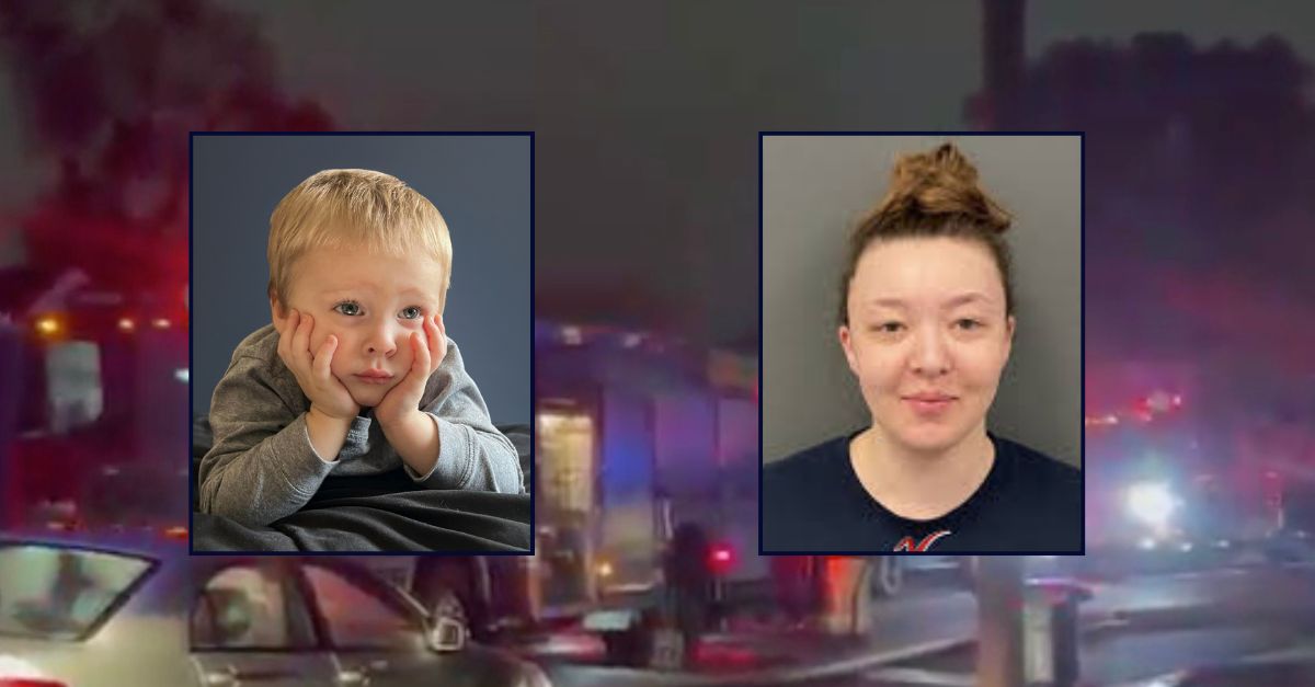 Inset, left to right: Eastyn Deronjic (Boulger Funeral Home) and Shiann Lynn Erickson (Clay County Jail). Background: Authorities responding to the emergency call about Eastyn being found unresponsive in Moorhead, Minnesota (KVLY).