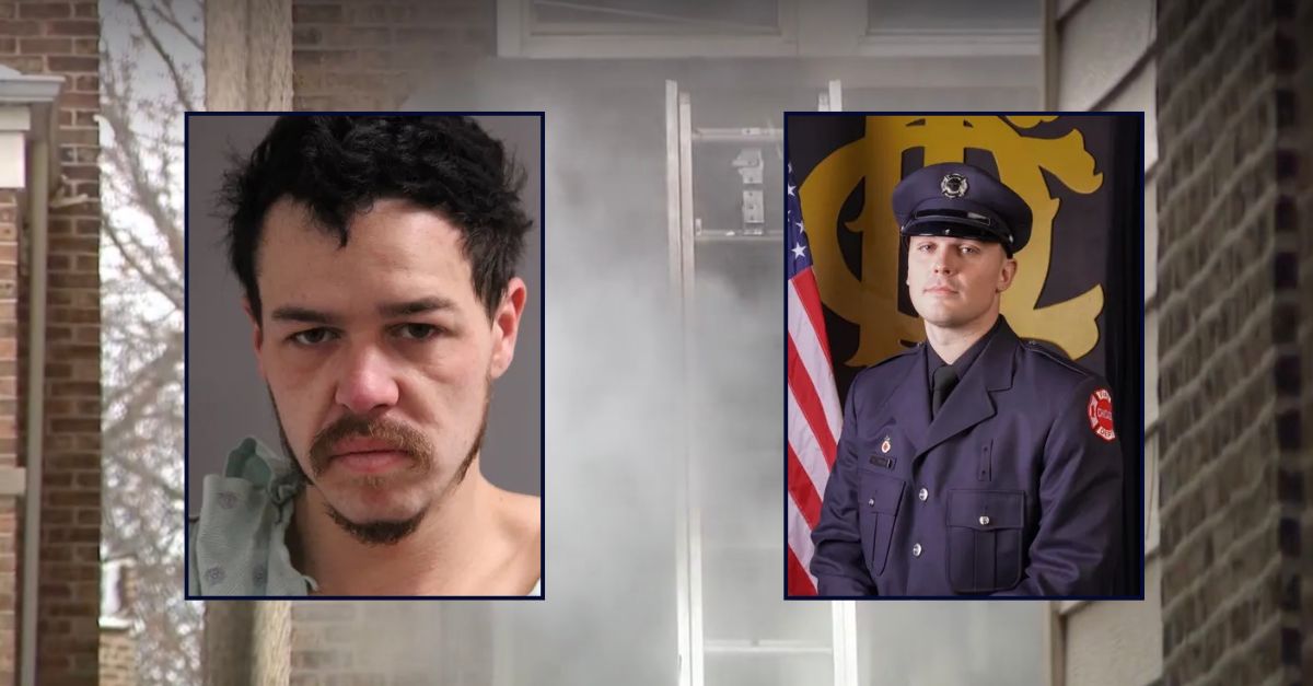 Inset, left to right: Sheaves Slate (CPD) and Michael Altman (CFD). Background: The area in Chicago where Slate allegedly started the fire that killed Altman (WLS).