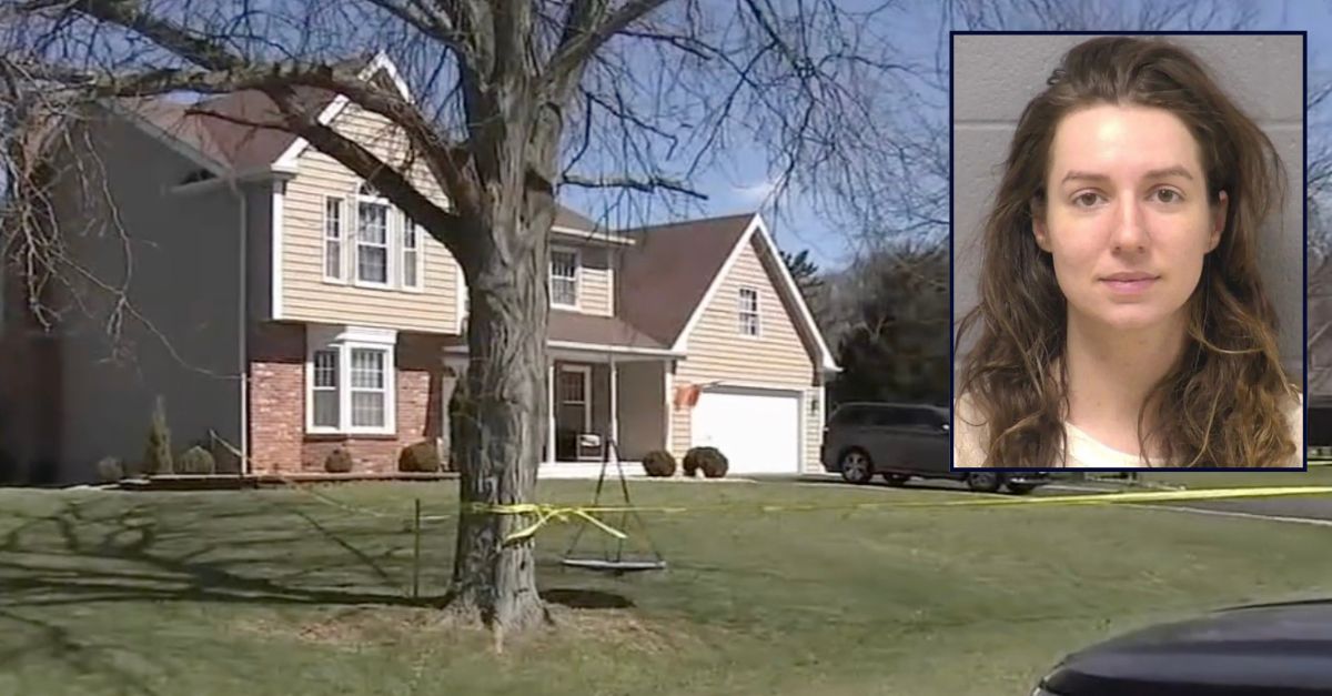 Inset: Jenna Strouble (Will County Jail). Background: The home where Strouble allegedly killed Stacy Forde and Patrick Forde (WLS). 