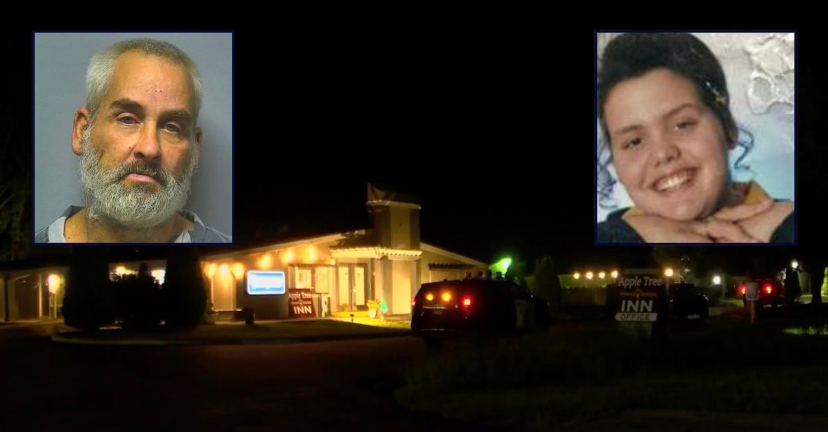 Inset, left to right: Daniel Varnes (Saginaw County Jail) and Teressa M. Johnson (Swartz Funeral Home). Background: Authorities at the motel where Varnes killed Johnson (WJRT).
