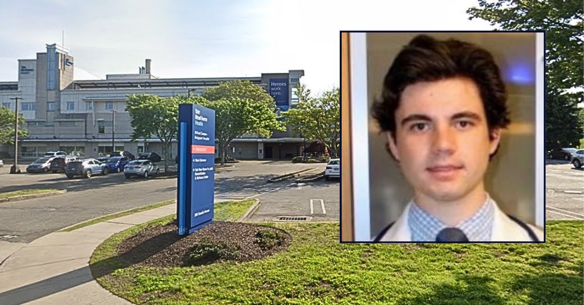 Inset: Conor Hylton (Westhaven Funeral Home). Background: Bridgeport Hospital Milford Campus in Connecticut where Conor Hylton died after being placed in a "fake ICU" and cared for by a remote doctor, his family says in a lawsuit (Google Maps).