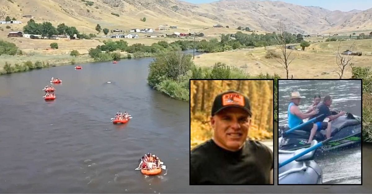 Left inset: Darrell Lindstrom (County of Boise). Right inset: A photo that allegedly shows Idaho elected official Darrell Lindstrom on a "jet ski" on the day of a stabbing attack he is accused of carrying out on a teenage rafter, according to a lawsuit filed by the teen's family (Pickens Law P.A.). Background: The Idaho river where the stabbing attack that Darrell Lindstrom is accused of carrying out allegedly happened (KIVI).