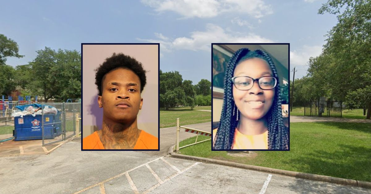 Kevin Faux appears in a booking photo inset on the left; Ashanti Allen appears in an image from a missing poster inset on the right; in the background is a park in Houston near where Allen