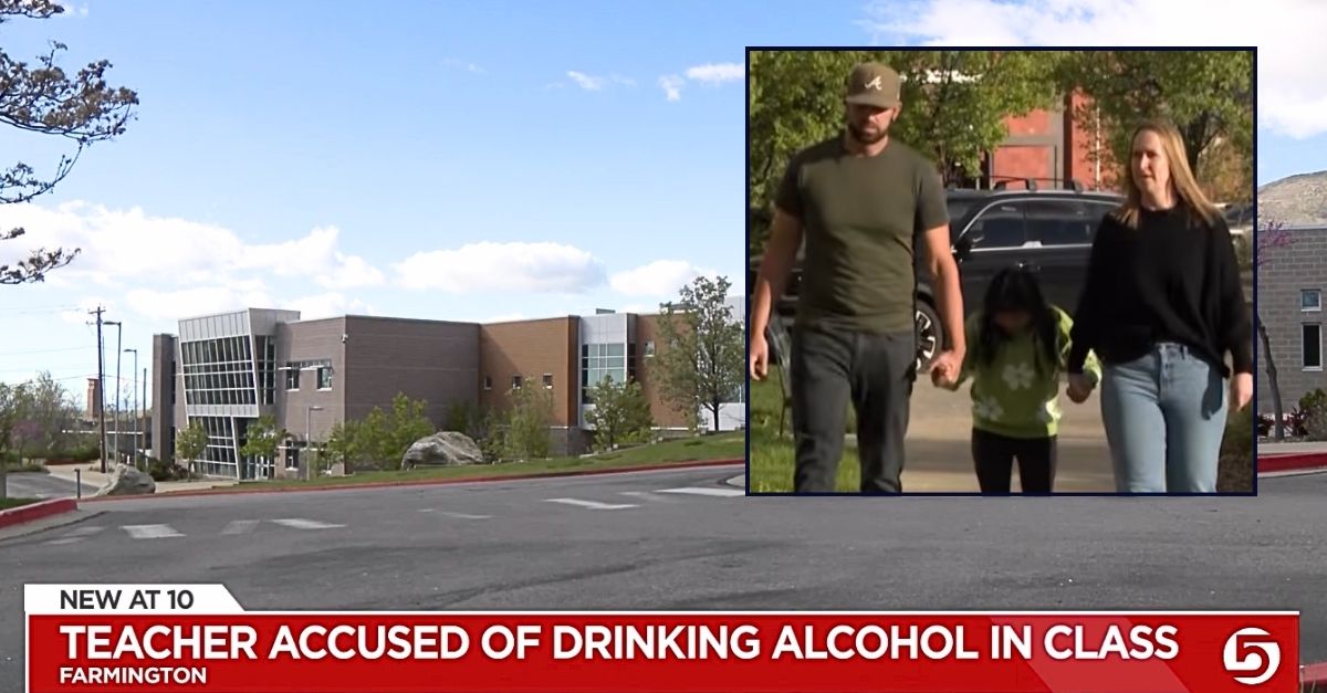Inset: Utah student Flor Perry with her parents, Devin and Kim Perry. Background: The Utah school where Flor Perry allegedly drank from a teacher's tumbler that had hard seltzer in it (KSL/YouTube).