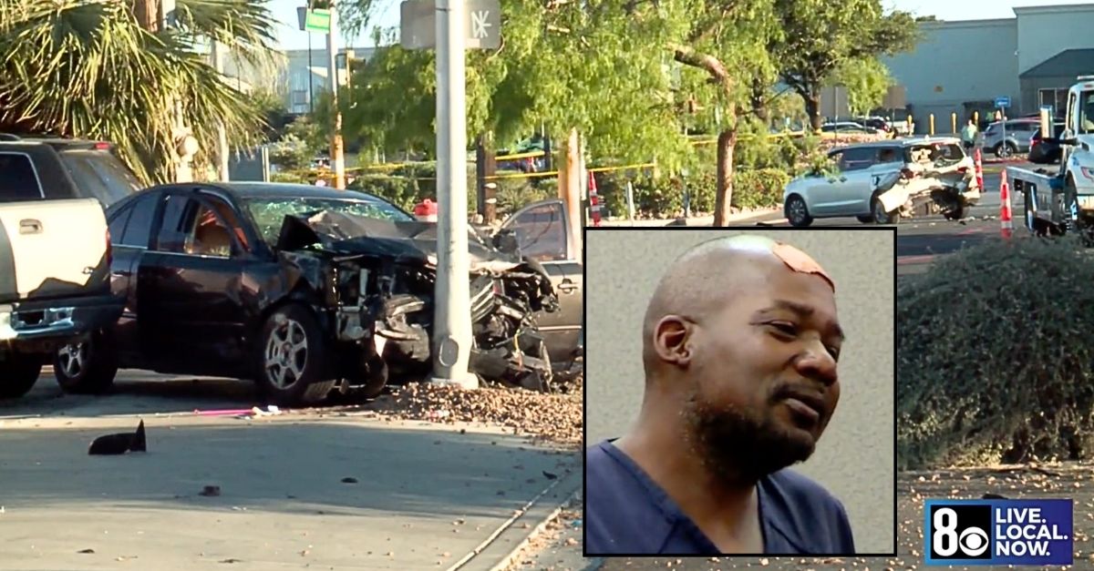 Inset: Harold Allen. Background: The scene of the fatal crash that Harold Allen allegedly caused in Las Vegas, Nev. (KLAS).