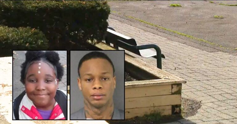 Left inset: Sequoya Bacon-Jones (WTXF/YouTube). Right inset: Isiah Roberts (Mercer County Correction Center). Background: A bench in the New Jersey courtyard where 9-year-old Sequoya Bacon-Jones was gunned down and killed by Isiah Roberts (WTXF/YouTube).