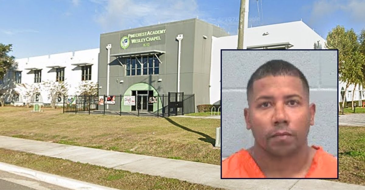 Inset: Justine Lopez-Rodriguez (Pasco County Sheriff's Office). Background: The Florida school where Justine Lopez-Rodriguez worked as a resource officer before being fired after allegedly sending flirtatious messages to a 13-year-old girl (Google Maps).