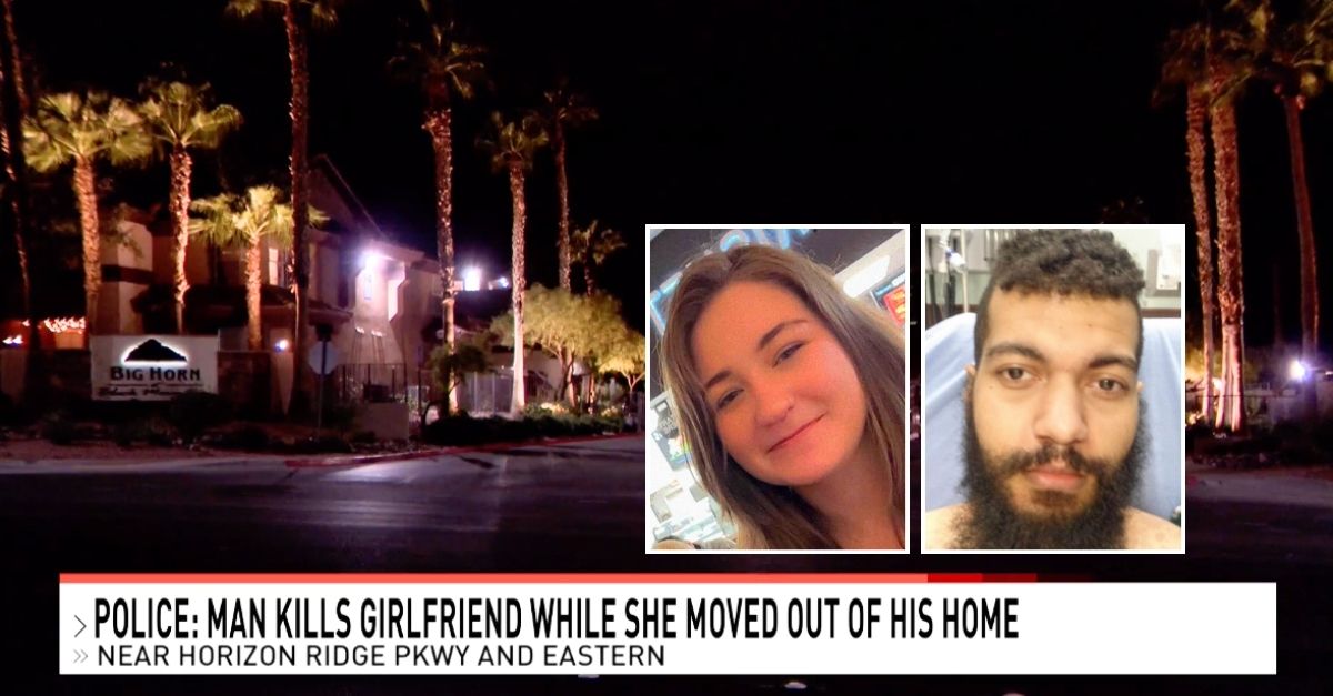 Left inset: Kennedi Oriti (Affordable Cremation and Burial Service/Carrissa McCarthy). Right inset: Maurice Vanderhall (Henderson Police Department). Background: The Nevada apartment complex where Kennedi Oriti was stabbed 20 times and killed by her boyfriend Maurice Vanderhall while moving out of the condo they lived in together (KSNV).