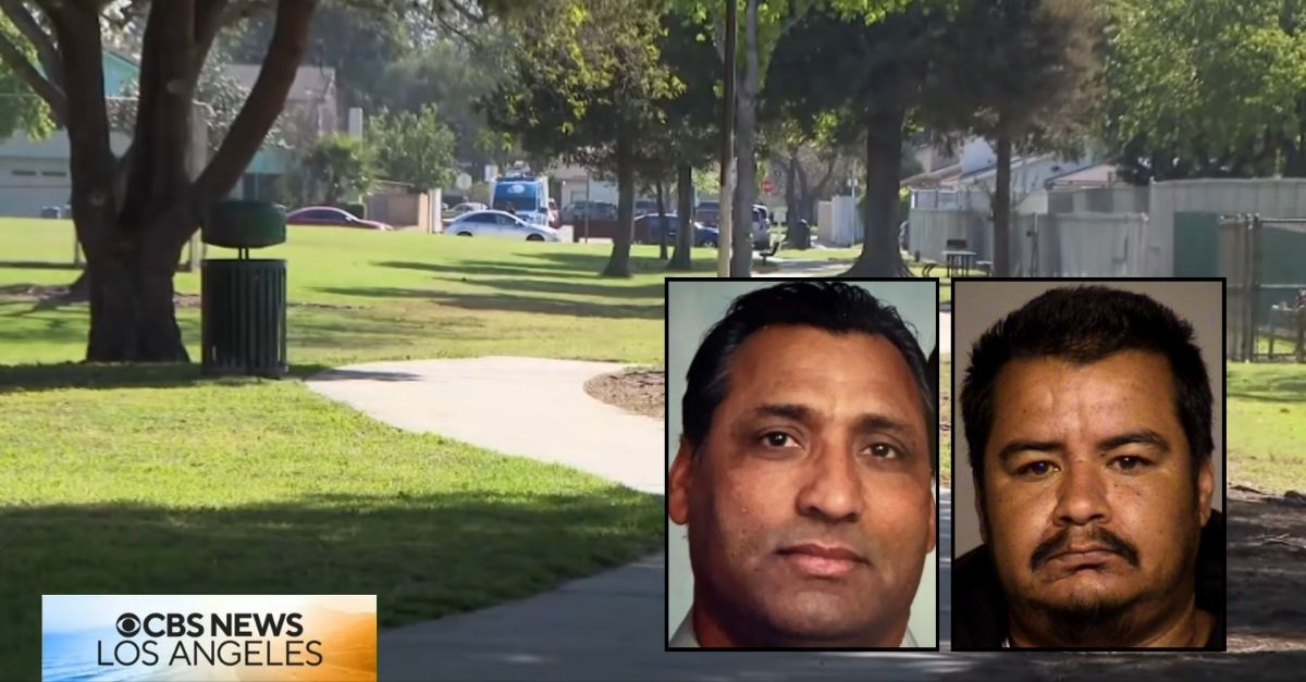 Left inset: Labh Nigah (Oxnard Police Department). Right inset: Jose Jimenez (Ventura County District Attorney's Office). Background: The area where California father Labh Nigah was allegedly stabbed to death by Jose Jimenez as students at a nearby school watched in horror (KCBS/YouTUbe).
