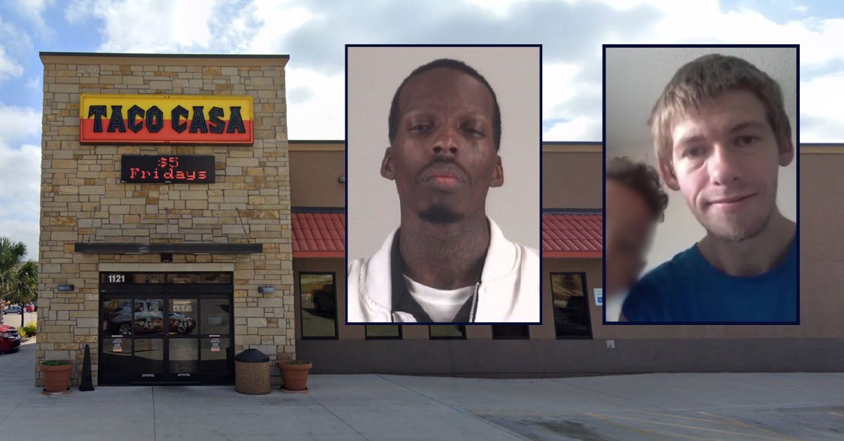 Gregory Lewis appears inset on the left; Thomas King appears inset on the right; against an image of a fast food restaurant in Fort Worth, Texas.