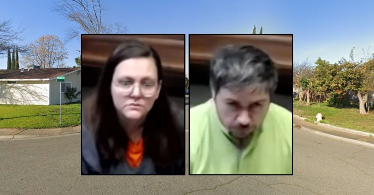 Left inset: Megan Fredrick (KXTV/YouTube). Right inset: Sherwood Johnson (KXLY/YouTube). Background: The neighborhood in California where Megan Fredrick and Sherwood Johnson were allegedly caring for a developmentally disabled juvenile who they are accused of killing (Google Maps). 